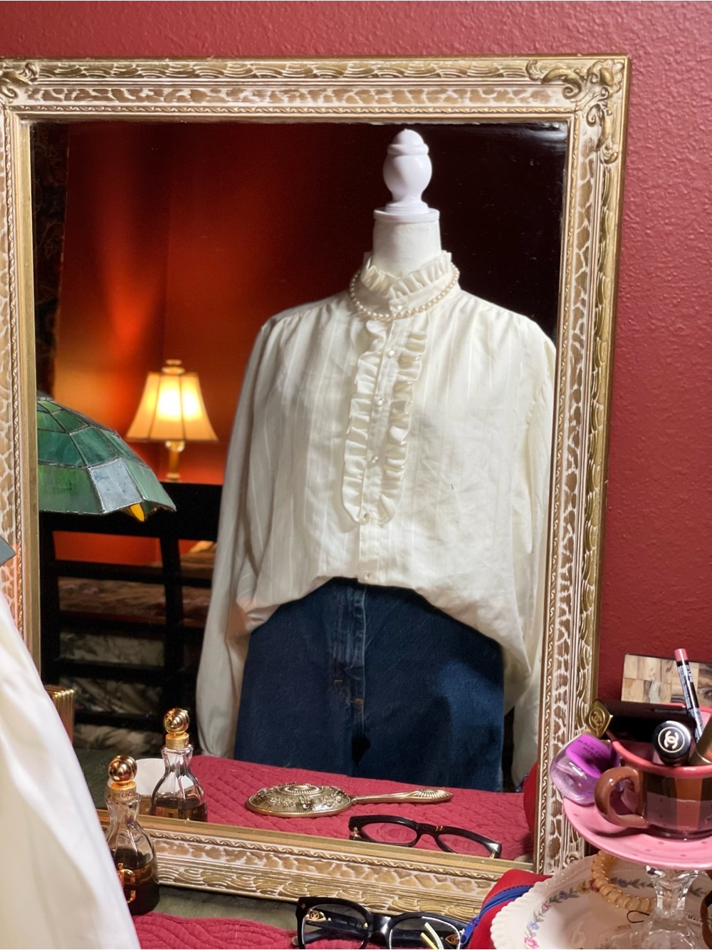 Vintage 80s Paris Station Ruffled High
Neck Blouse Secretary White Size L